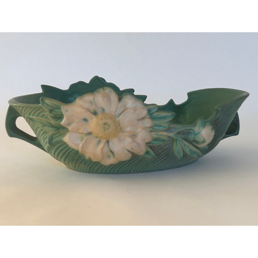 Vintage Roseville Pottery Peony Console Centerpiece Bowl Green Art Deco Handled